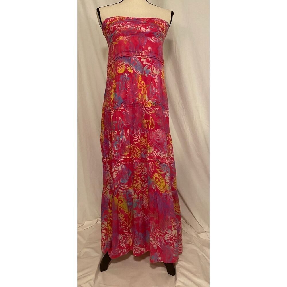 BEAUTIFUL! Blue Ginger Long Dress Pink Floral 100% Rayon Strapless XXS